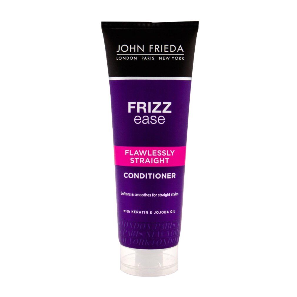 Conditioner-Tube mit John Frieda-Logo. Lila-farbenes Design mit Schriftzug Frizz Ease, Flawlessly Straight und Conditioner.