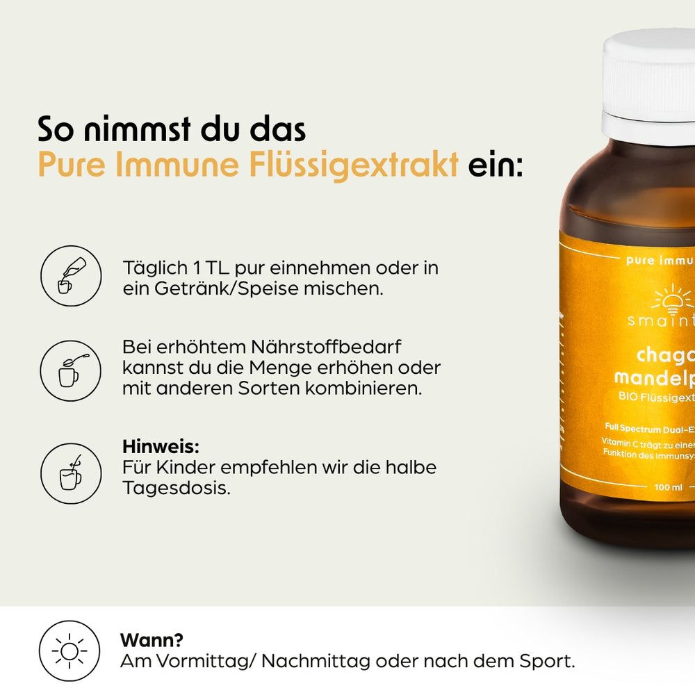 Produktflasche neben Text und Icons. Einnahmeempfehlung: 1 TL pur oder in Getränk. Hinweis für Kinder.