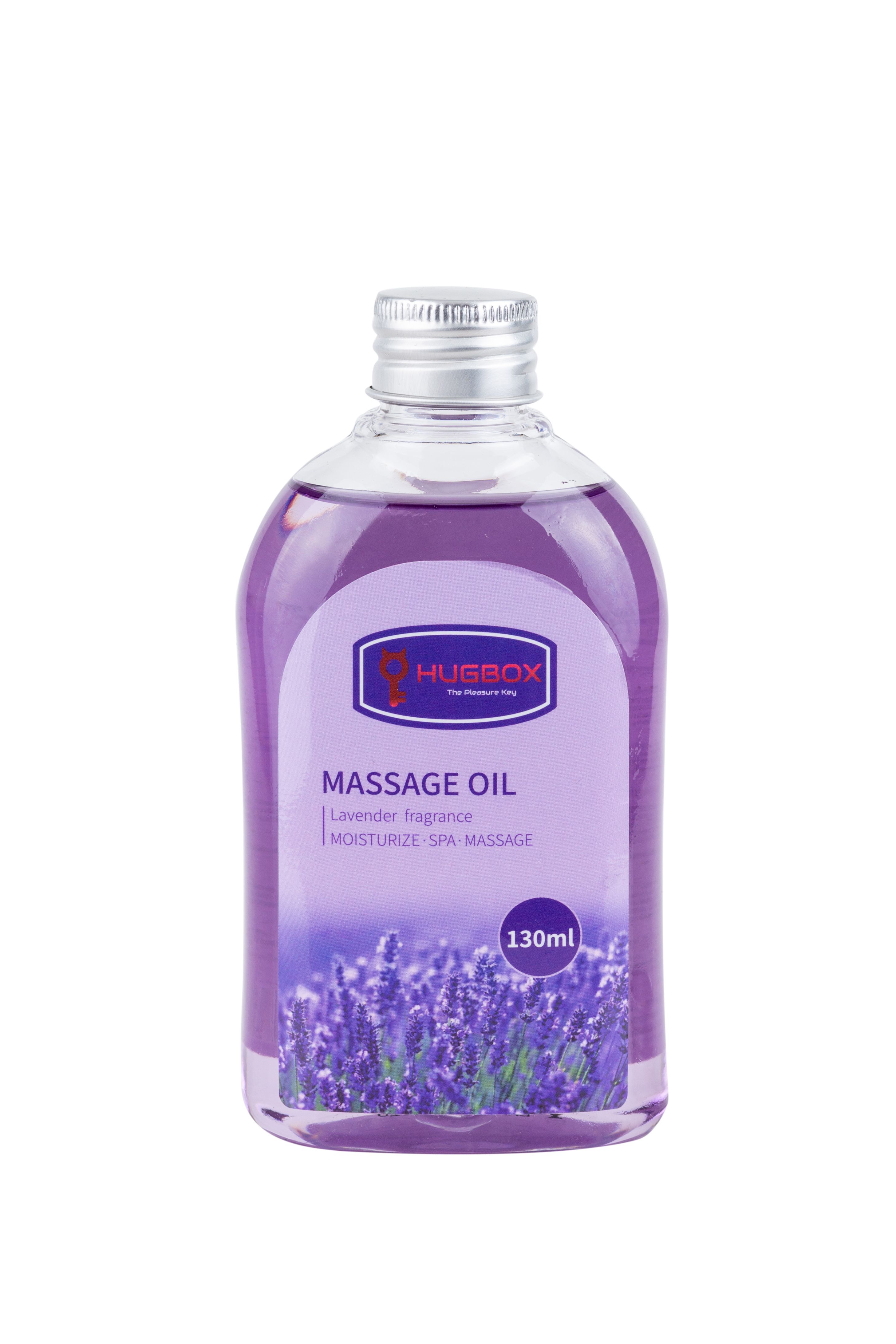 Flasche HUGBOX Massageöl, Lavendelduft. Violette Flüssigkeit, silberner Verschluss. Text: Massage Oil, 130ml.