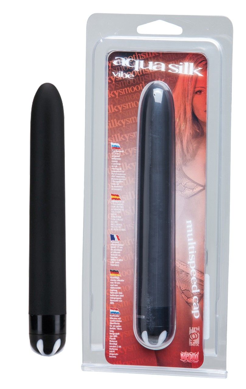 Schwarzer Vibrator mit silbernem Kugeldetail am Ende, in Blisterverpackung.