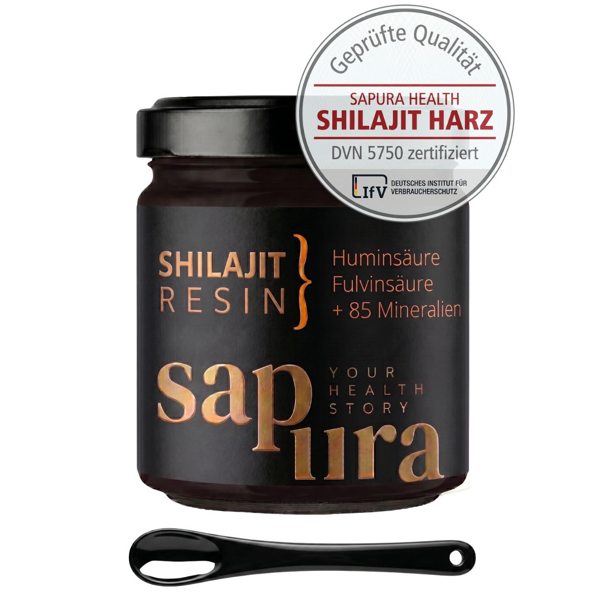 Shilajit Harz im Glas mit Dosierlöffel und Qualitätssiegel 'Geprüfte Qualität'.