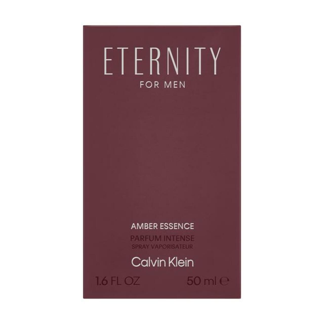 Verpackung Calvin Klein Eternity for Men Amber Essence. Braune rechteckige Verpackung. Schriftzug Eternity for Men, Amber Essence, Calvin Klein.