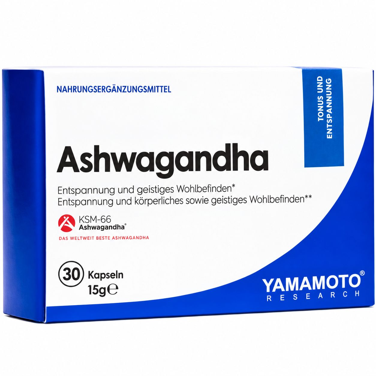Verpackung "Ashwagandha" von Yamamoto Research, 30 Kapseln, 15g.