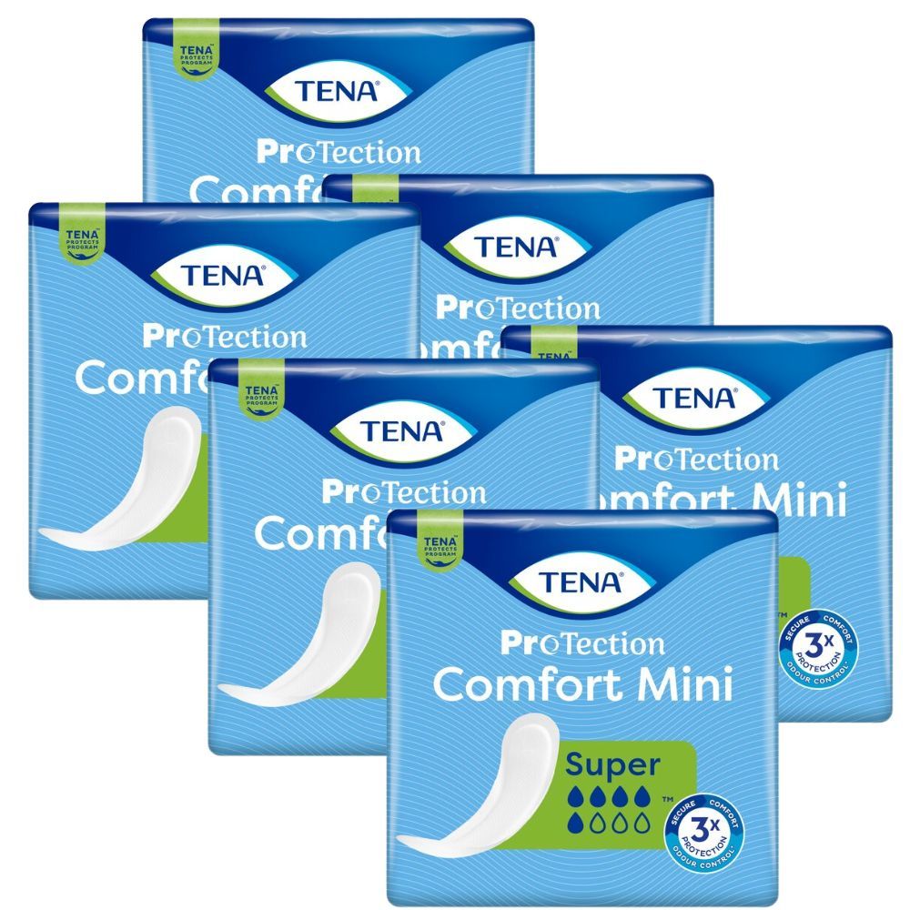 Mehrere Packungen Tena ProTection Comfort Mini Super. Blaue Verpackung mit Produktabbildung und Markennamen.
