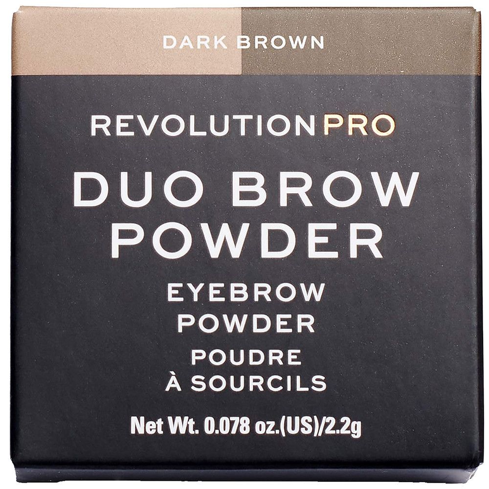 Quadratische Verpackung mit "DARK BROWN" und "REVOLUTION PRO DUO BROW POWDER".