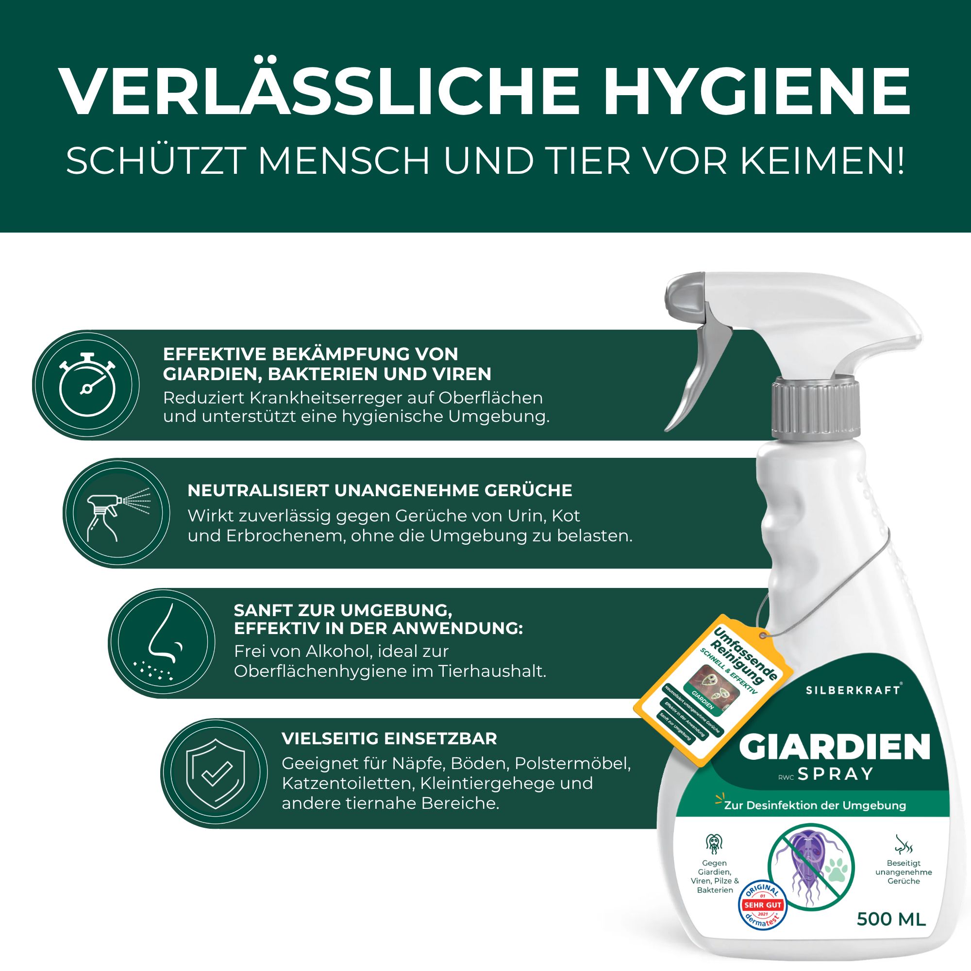 SILBERKRAFT Giardienspray Hunde & Katzen gegen Giardien, Bakterien, Viren & Pilze inkl. eBook