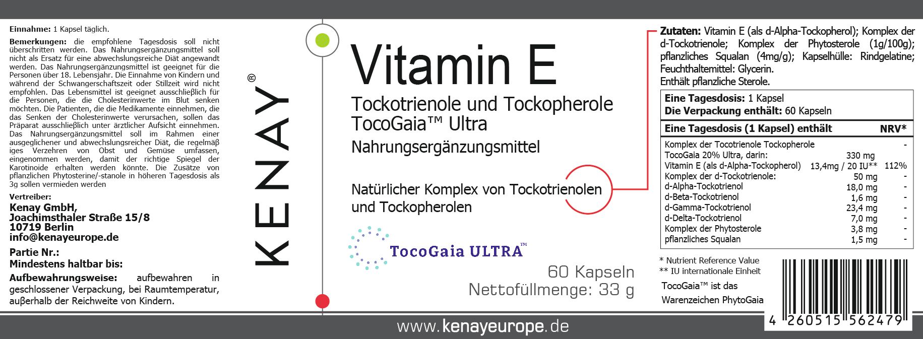 Weißes Etikett mit Text. Aufschrift: Vitamin E, TocoGaia Ultra, Nahrungsergänzungsmittel. Inhaltsstoffe und Nährwertangaben. Marke: KENAY. 60 Kapseln.