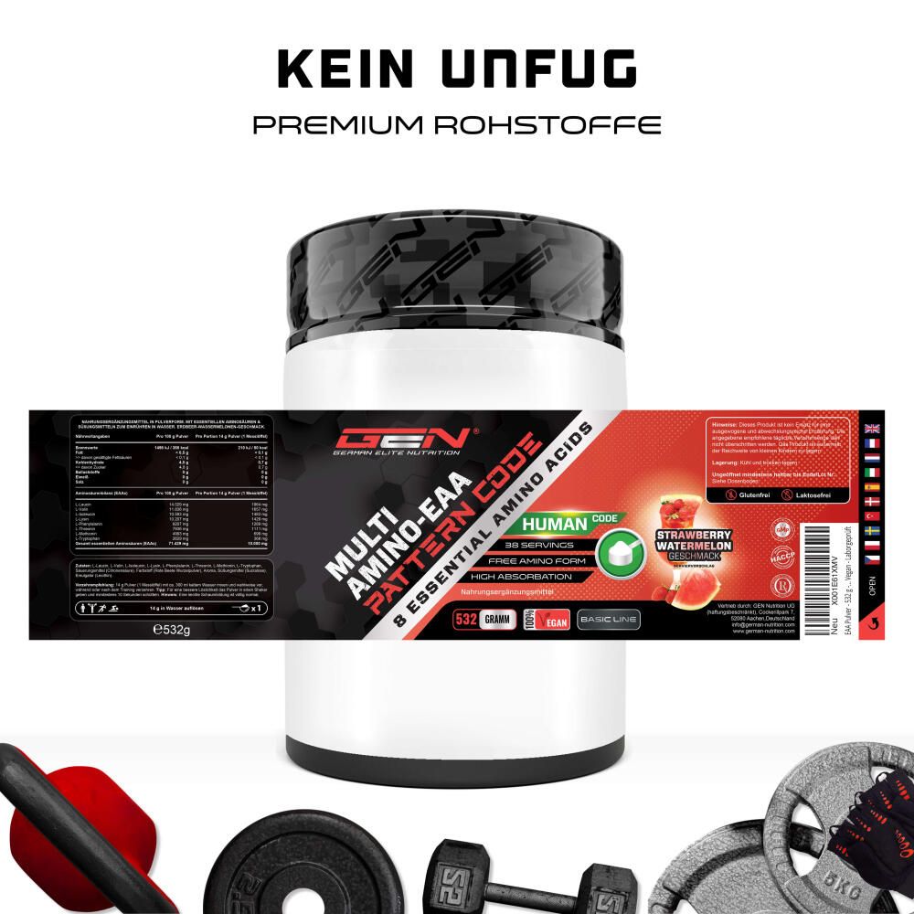 Dose mit Etikett, Text: Multi Amino-EAA, 8 Essential Amino Acids. Mit Nährwertangaben und Geschmacksrichtung.