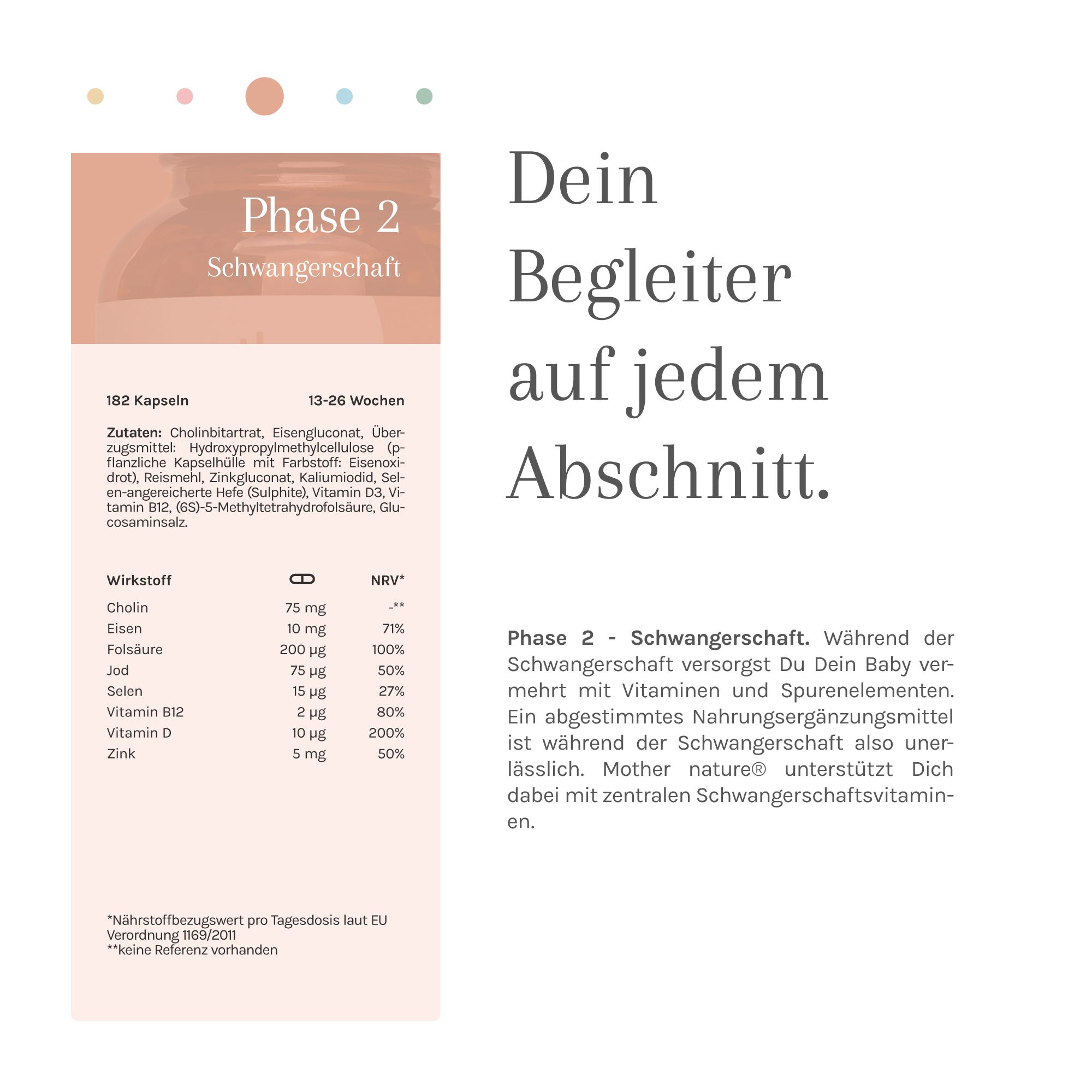 Infografik mit Nährwertangaben. Phase 2 Schwangerschaft. Inhaltsstoffe: Cholin, Eisen, Folsäure, Jod, Selen, Vitamin D, Zink.