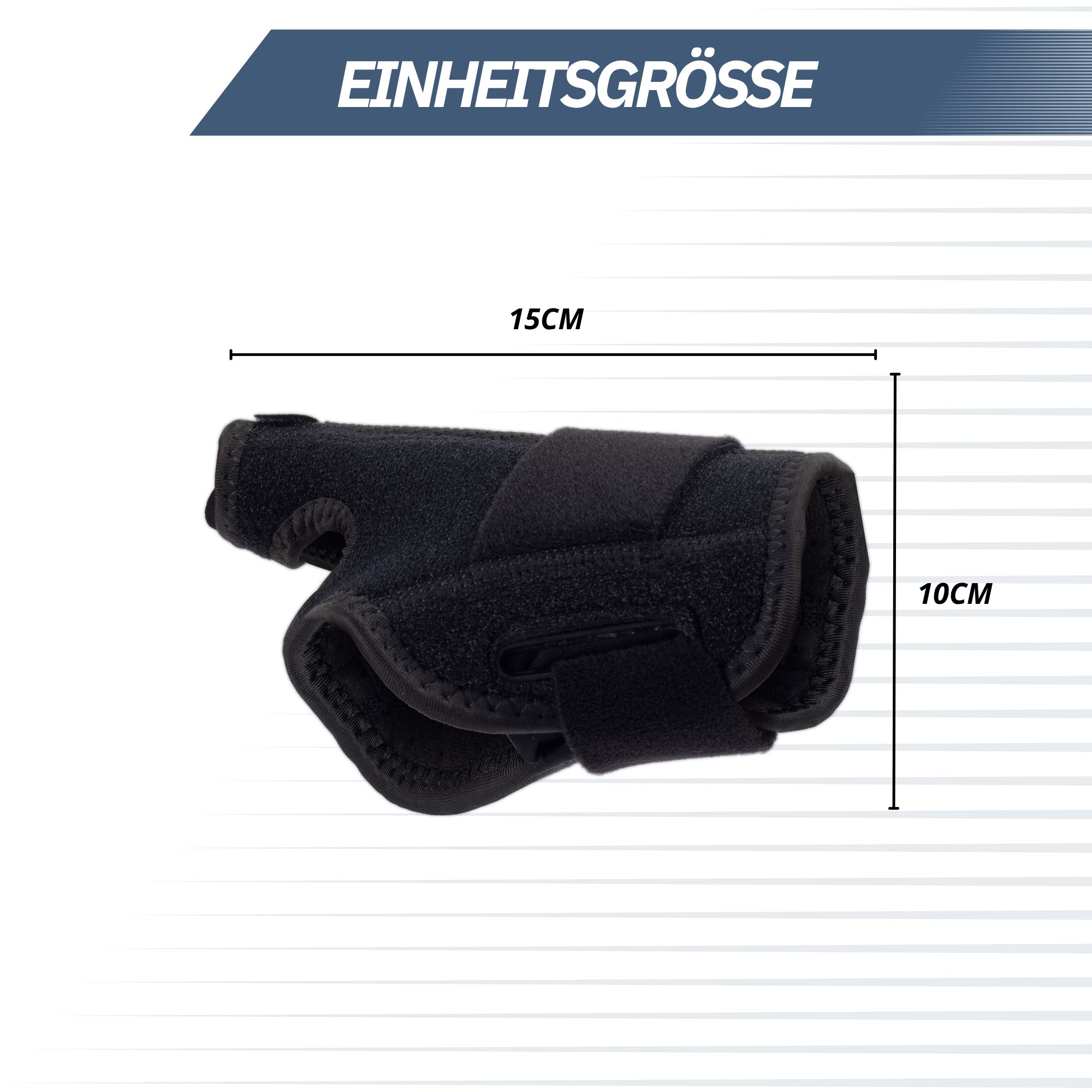 Schwarzer Daumen-Stabilisator mit Maßen von 15cm Länge und 10cm Höhe.