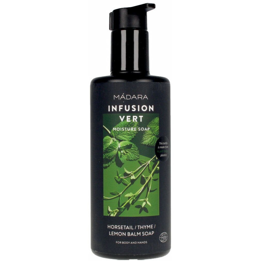 Schwarze Flasche mit Pumpe. Aufschrift: MÁDARA INFUSION VERT. Grün-weiße Grafik. Text: HORSETAIL/THYME/LEMON BALM SOAP.