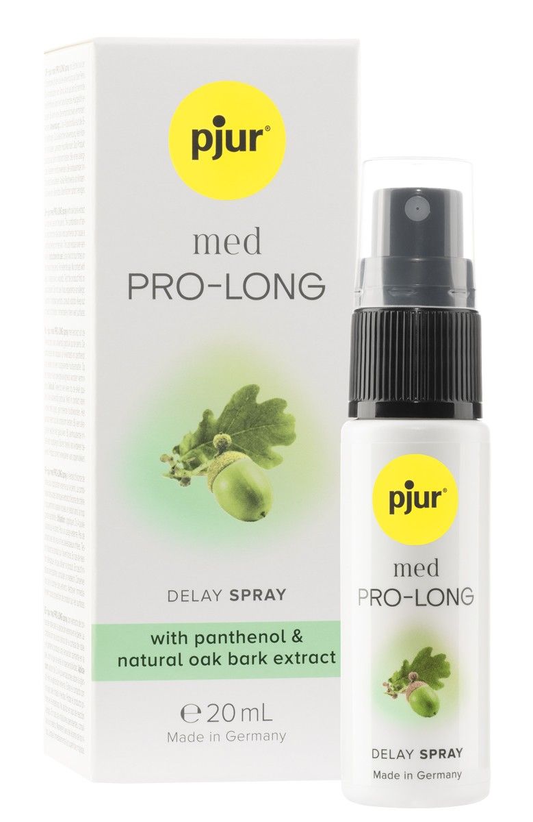 Weiße Flasche und Verpackung. Aufschrift: pjur med PRO-LONG, mit Eichenrindenextrakt. 20 ml. Mit Sprühkopf.