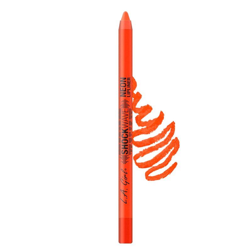 Orangefarbener Lipliner mit Aufschrift 'L.A. Girl Shockwave Neon Lipliner'. Daneben eine geschwungene Linie in gleicher Farbe.