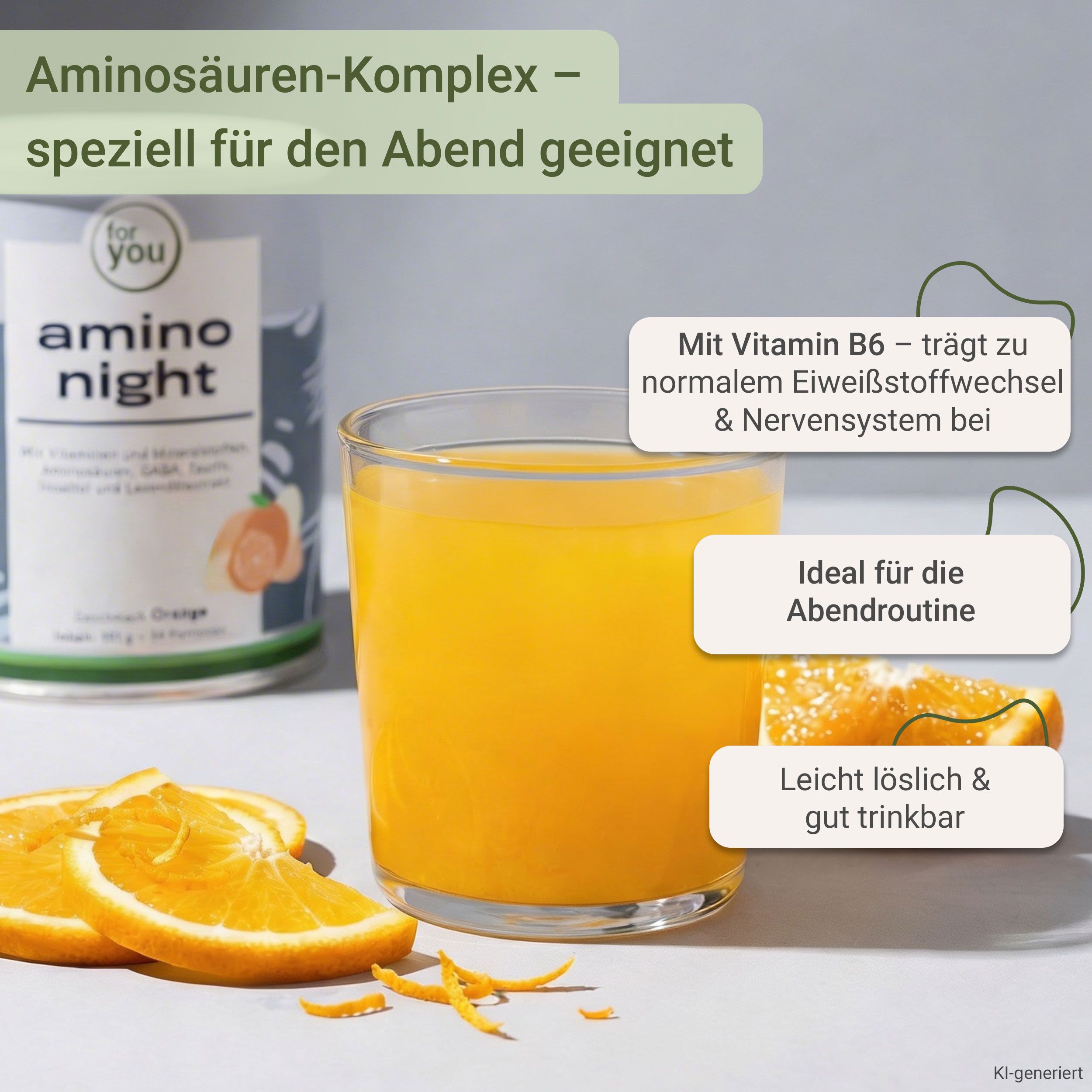 Glas mit orangem Getränk, daneben eine Dose 'amino night' und Orangenscheiben.