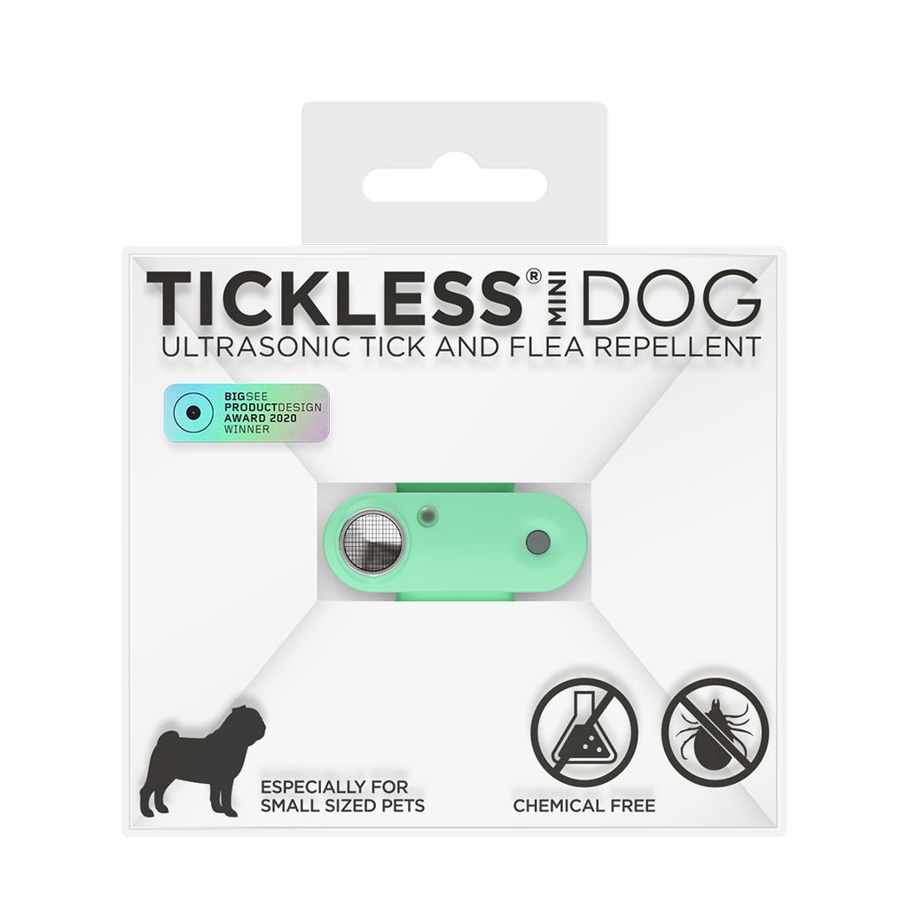 Grünes Tickless Mini Dog in Verpackung. Ultraschall-Zecken- und Flohschutz. Auszeichnung. Für kleine Hunde. Chemiefrei.