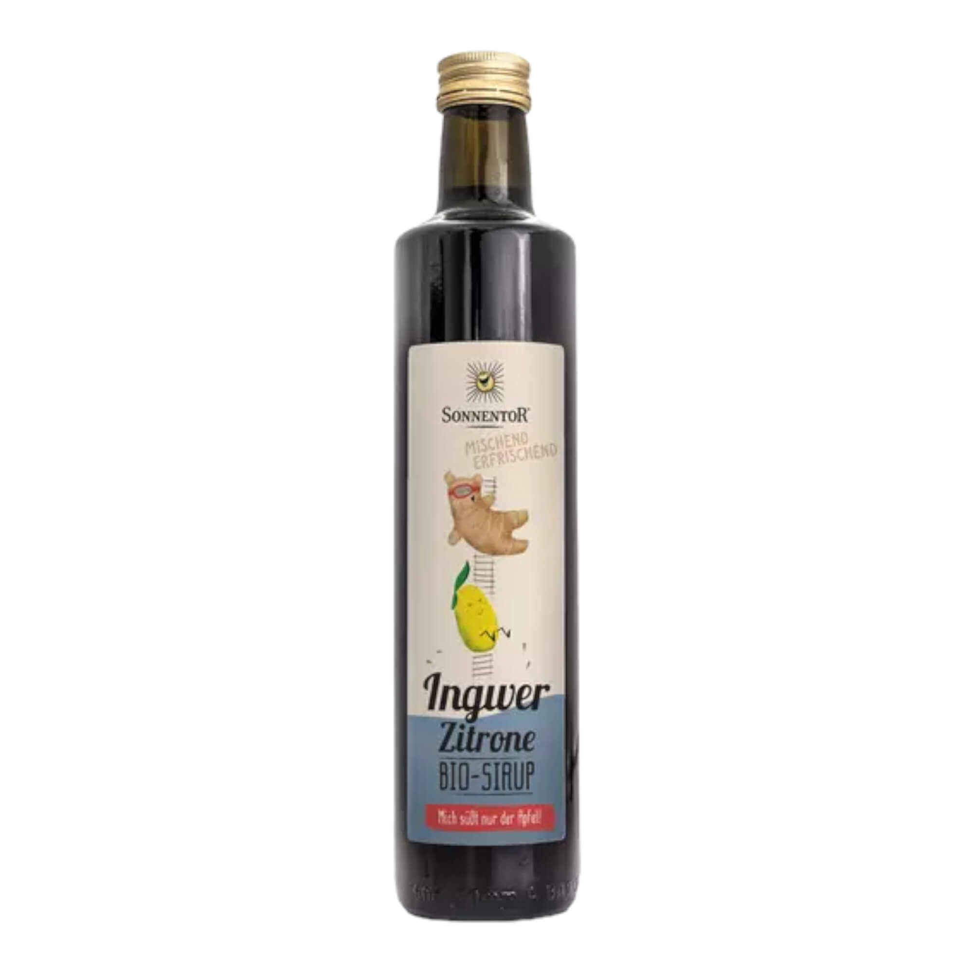 Flasche Bio Ingwer Zitrone Sirup mit Illustration einer Ingwerfigur und Zitrone.