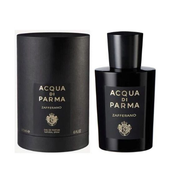 Schwarze Flasche und zylindrische Verpackung. Aufschrift: ACQUA DI PARMA Zafferano. 125ml, Eau de Parfum, Natural Spray.