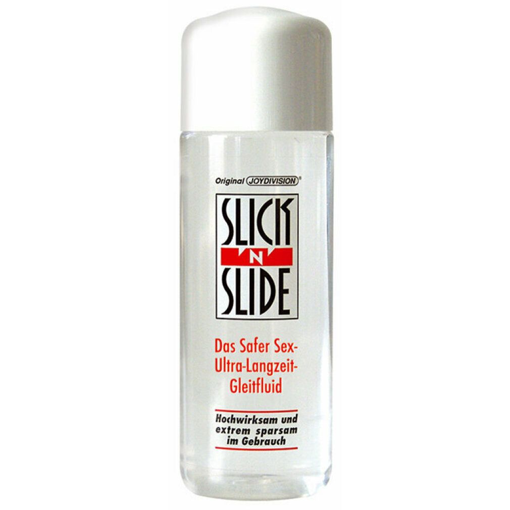 JOYDIVISION Slick'n'Slide Gleitfluid in klarer Flasche mit weißem Verschluss.