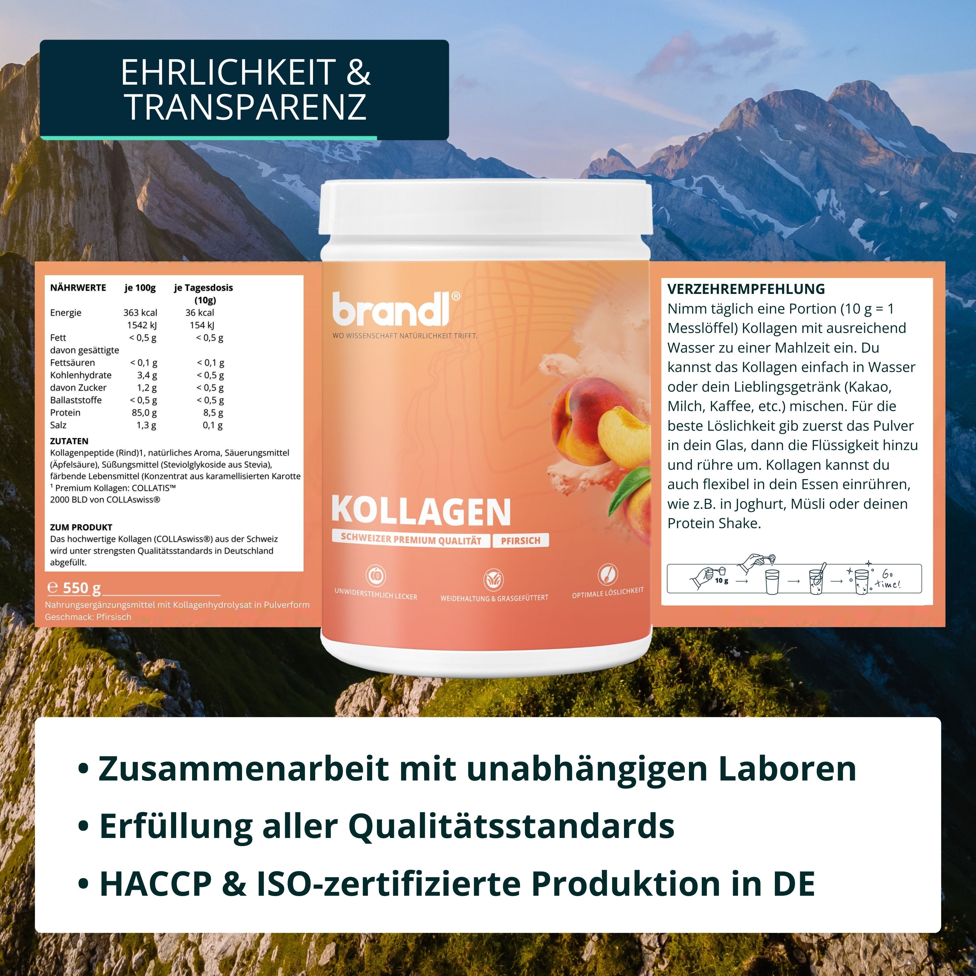 Produktglas mit Text: KOLLAGEN. Aufgeklappte Produktinformationen mit Nährwerten.