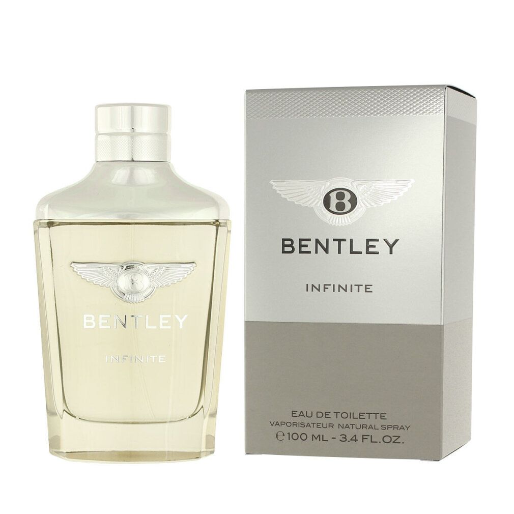 Bentley Infinite Eau de Toilette Spray und Verpackung. Flasche und Schachtel. Flasche mit silbernem Deckel und Bentley-Logo. Schachtel mit Logo.