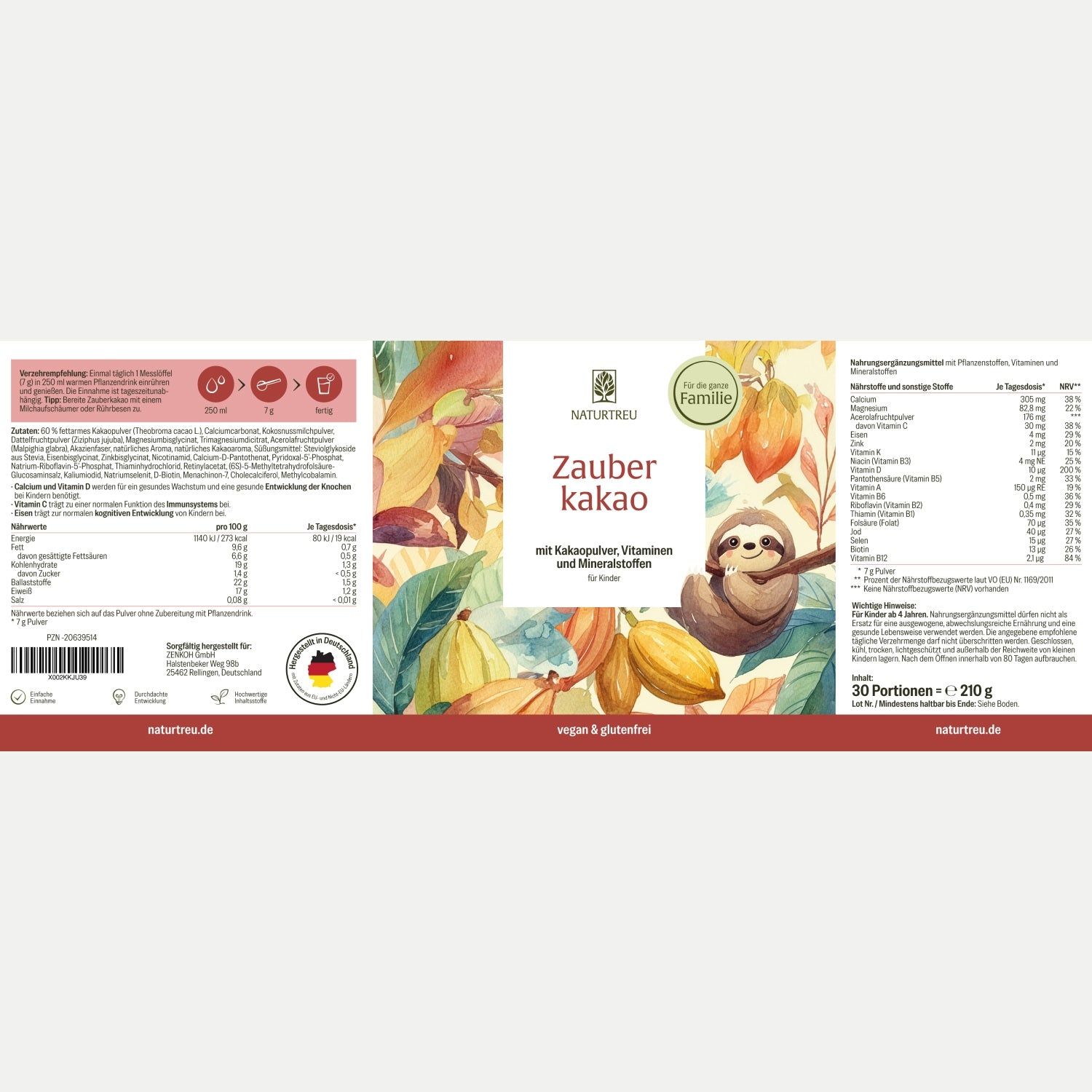 Etikett NATURTREU® Zauberkakao mit Nährwertangaben, Inhaltsstoffen und Siegeln.