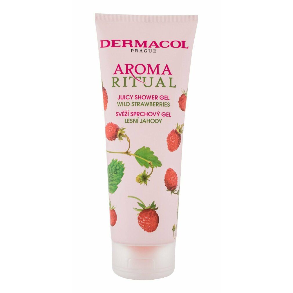 Rosa Tube mit Erdbeeren-Illustrationen. Text: DERMACOL, AROMA RITUAL, Juicy Shower Gel Wild Strawberries, SVEŽÍ SPRCHOVÝ GEL, LESNÍ JAHODY.