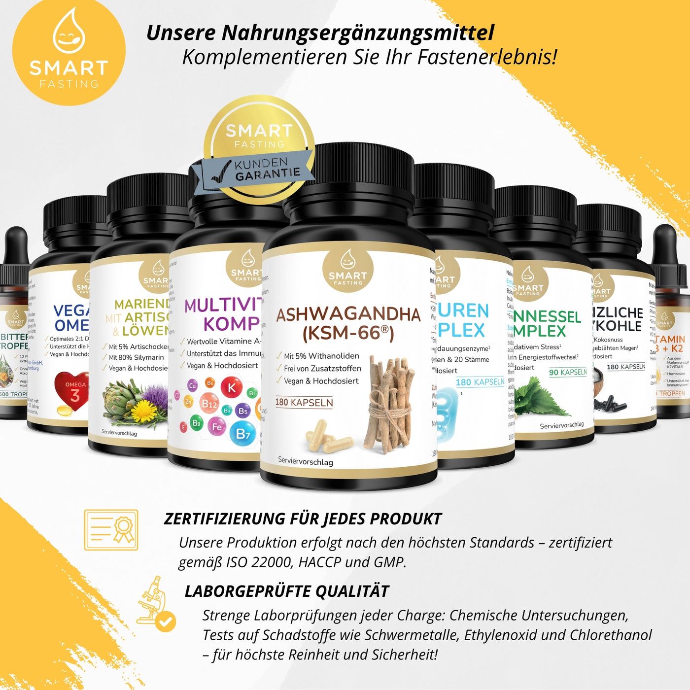 Reihe von Produktflaschen. Ashwagandha (KSM-66®) in der Mitte. Zertifizierungen und Laborgeprüfte Qualität.