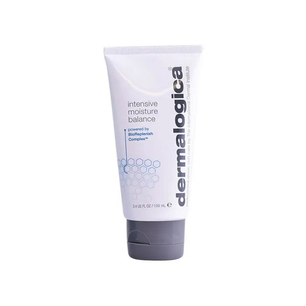 Weiße Tube mit grauer Kappe. Aufschrift: intensive moisture balance, Dermalogica. 3.4 US FL OZ / 100 mL.