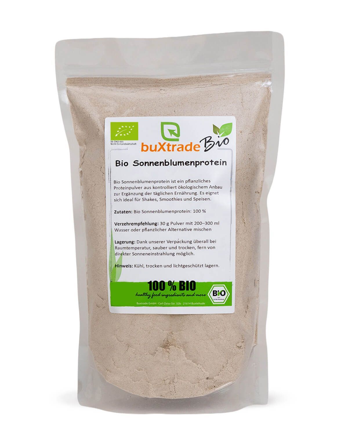 Verpackung buXtrade Bio Sonnenblumenprotein Pulver mit Bio-Siegel und Hinweisen zur Zubereitung.