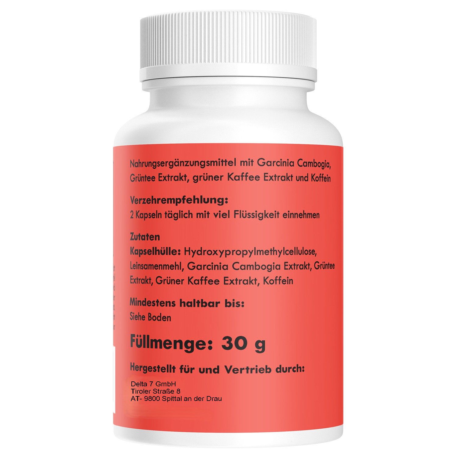 Rotes Etikett mit Text. Nahrungsergänzungsmittel mit Garcinia Cambogia, Grüntee Extrakt, grüner Kaffee Extrakt und Koffein. 30 g.