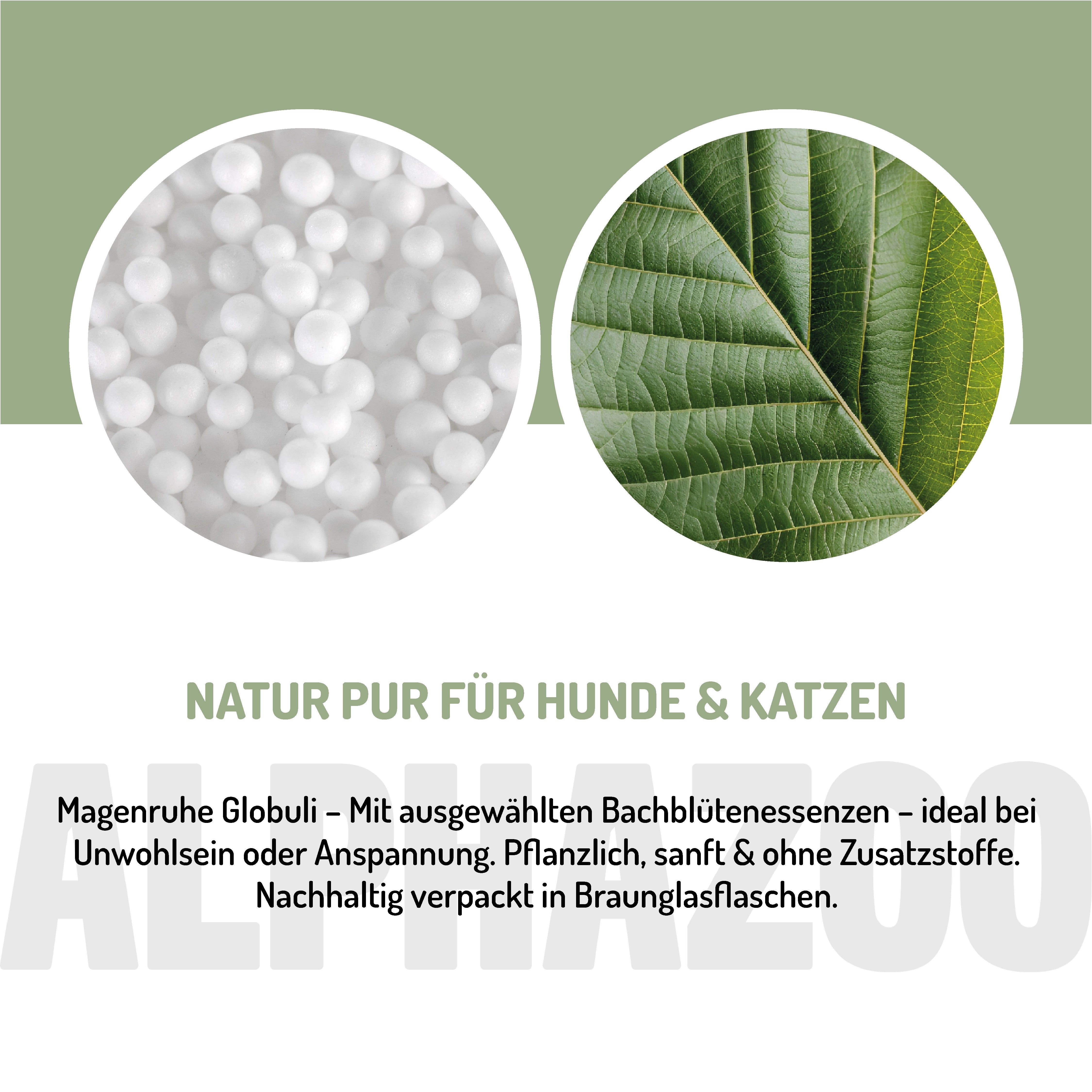 Nahaufnahme von Globuli und einem Blatt. Text: Natur pur für Hunde & Katzen. Magenruhe Globuli. Pflanzlich, sanft & ohne Zusatzstoffe.