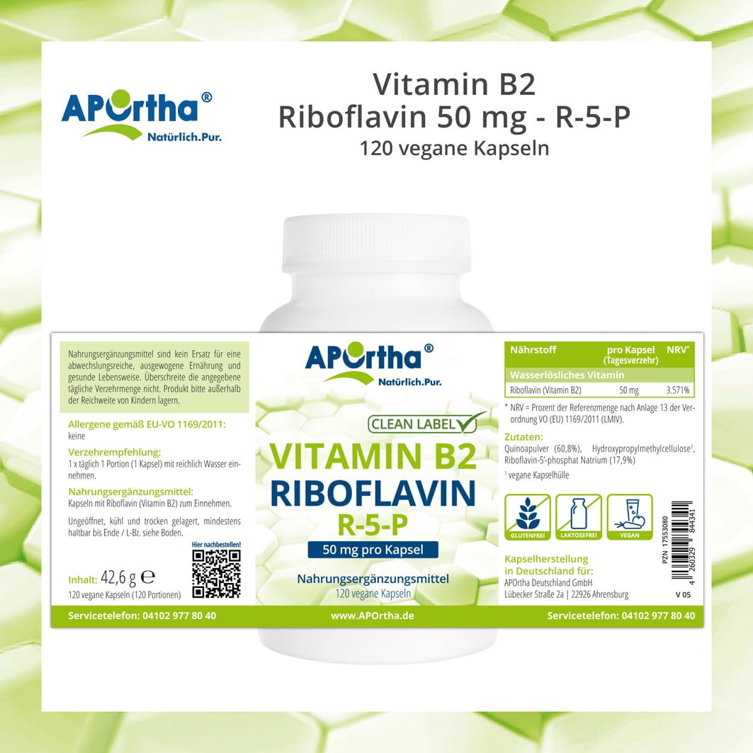 Etikett einer Flasche APOrtha® Vitamin B2 Kapseln. Enthält Nährwertangaben, Inhaltsstoffe und Informationen zur Herstellung. Mit Clean Label.