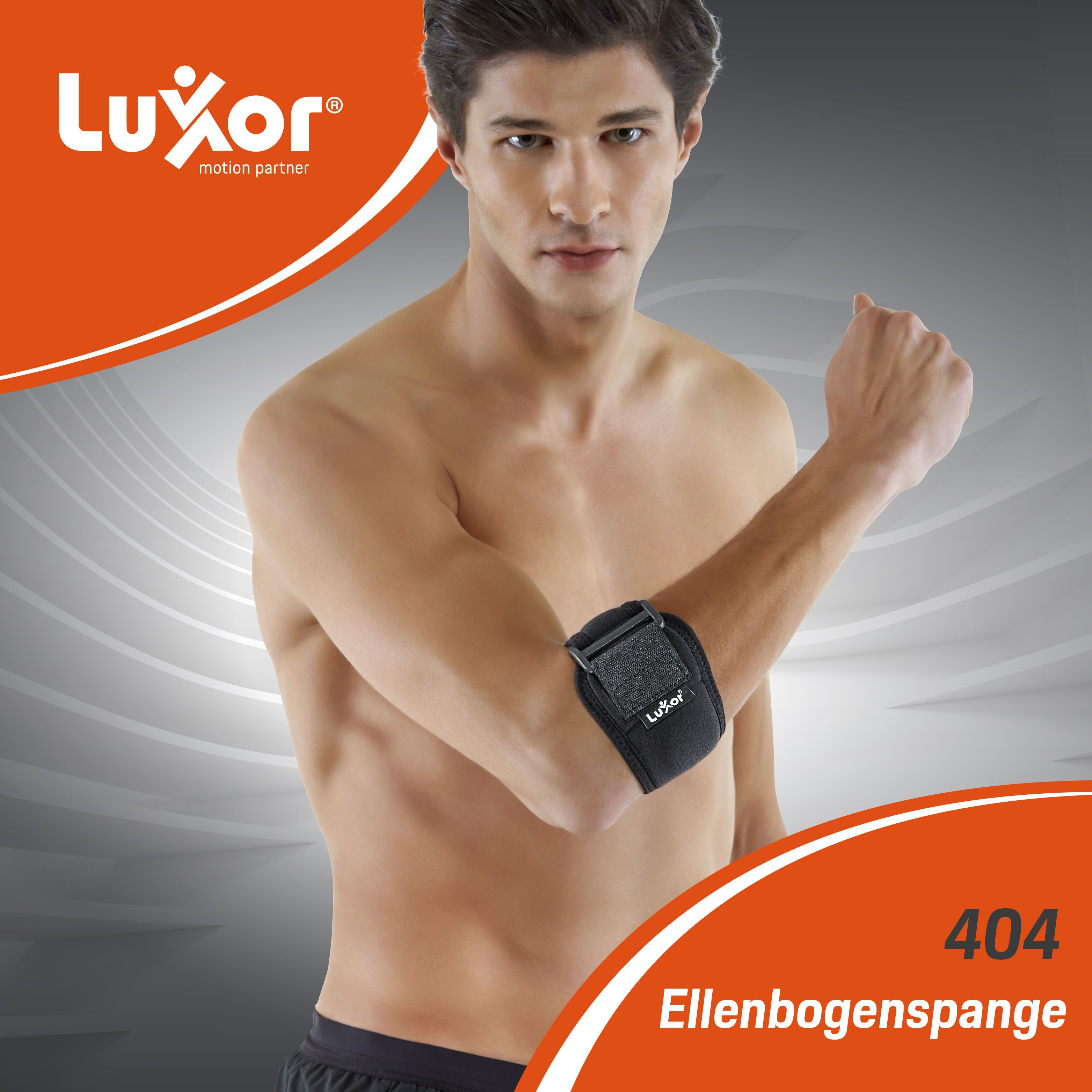 Ellenbogenschutz am Arm einer Person. Luxor-Logo und Schriftzug 'Ellenbogenspange' sichtbar.