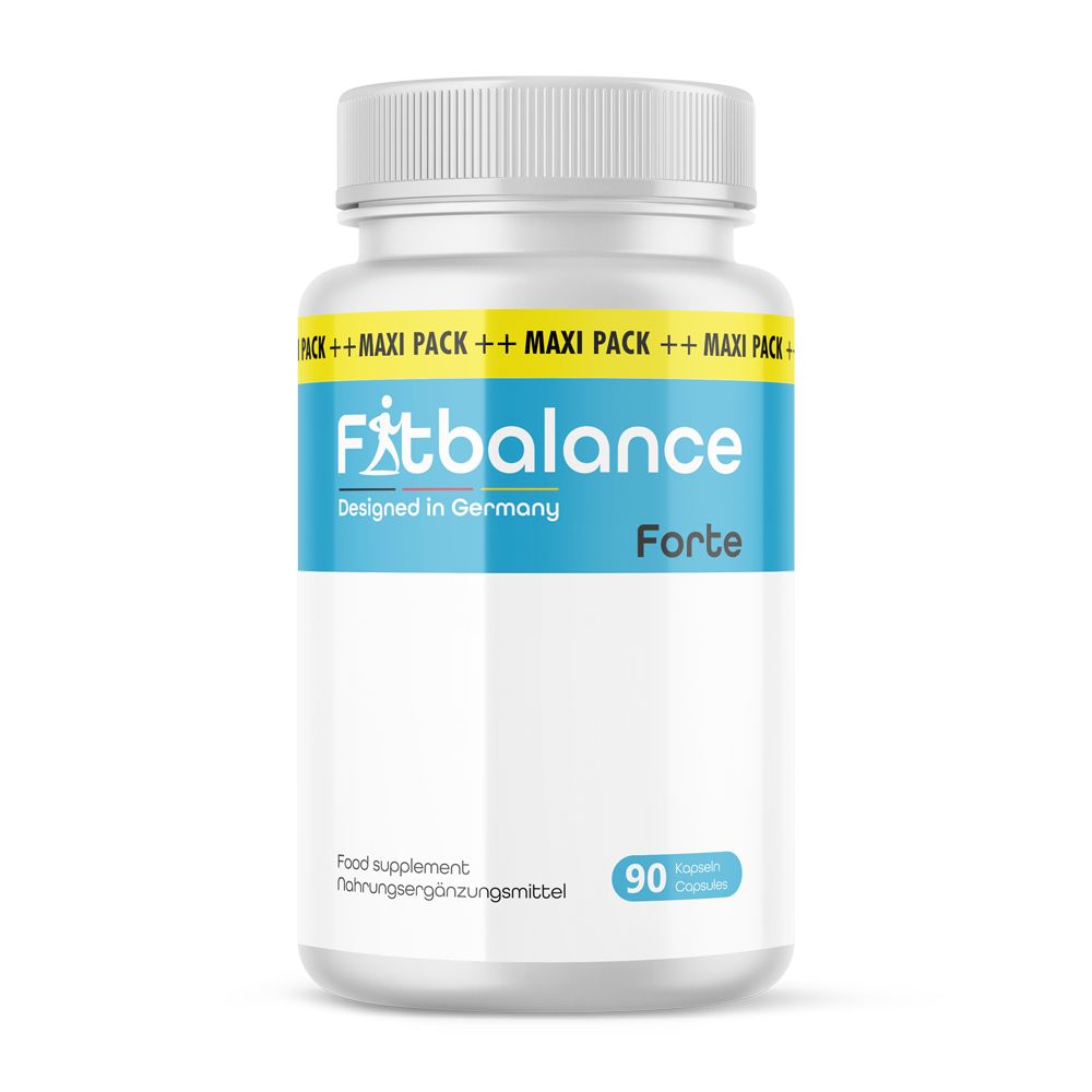 Weiße Flasche mit blauem Etikett. Aufschrift: Fitbalance Forte, 90 Kapseln. Maxi Pack. Hergestellt in Deutschland.