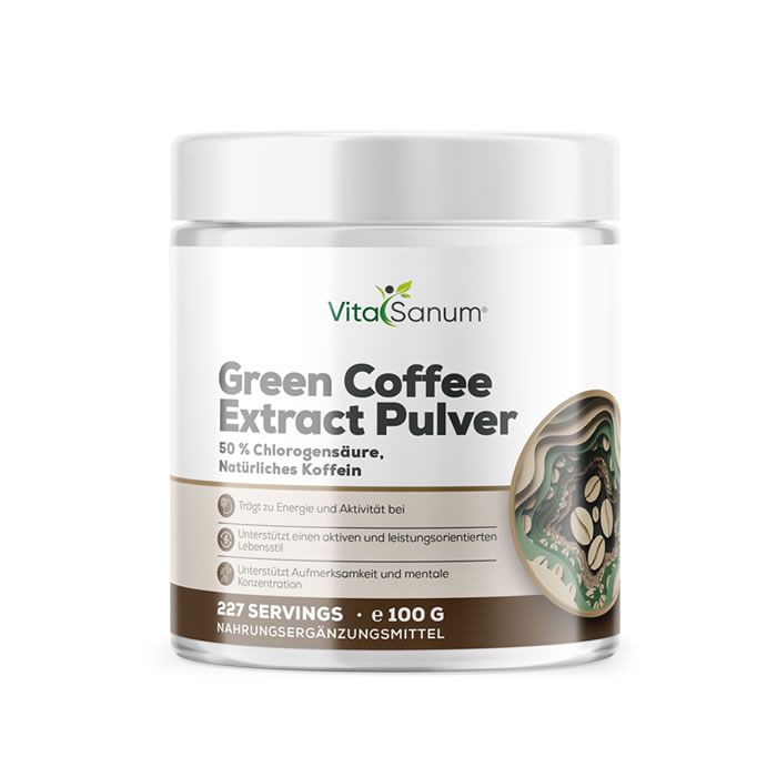 VitaSanum® Green Coffee Extract Pulver Dose. Weißer Behälter mit braunem Etikett. Text: 50% Chlorogensäure, natürliche Koffein.