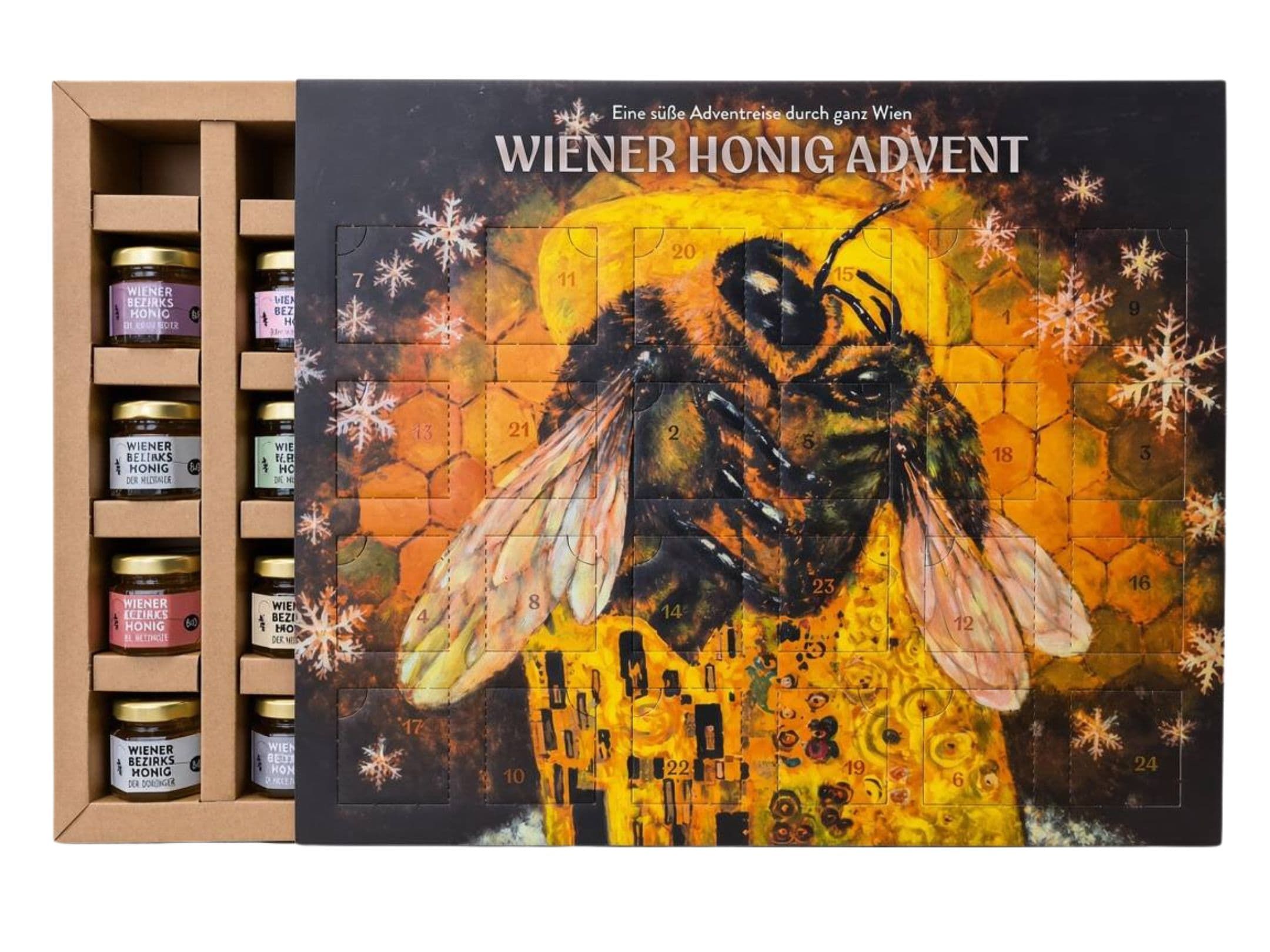 Adventskalender mit 12 Honiggläsern und Bienenmotiv auf der Vorderseite.