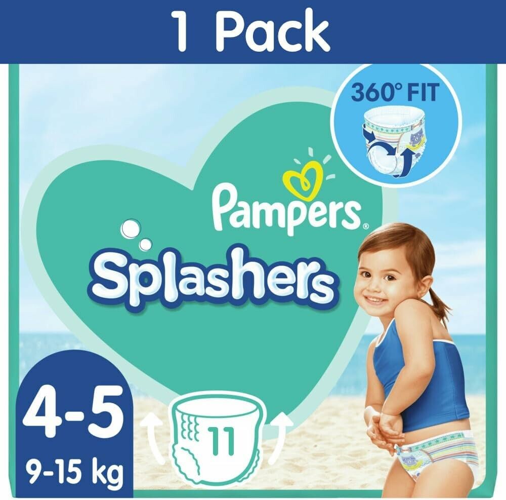 Verpackung von Pampers Splashers. Aufdruck: 4-5, 9-15 kg, 11 Stück. Abgebildet ist ein Kind am Strand.