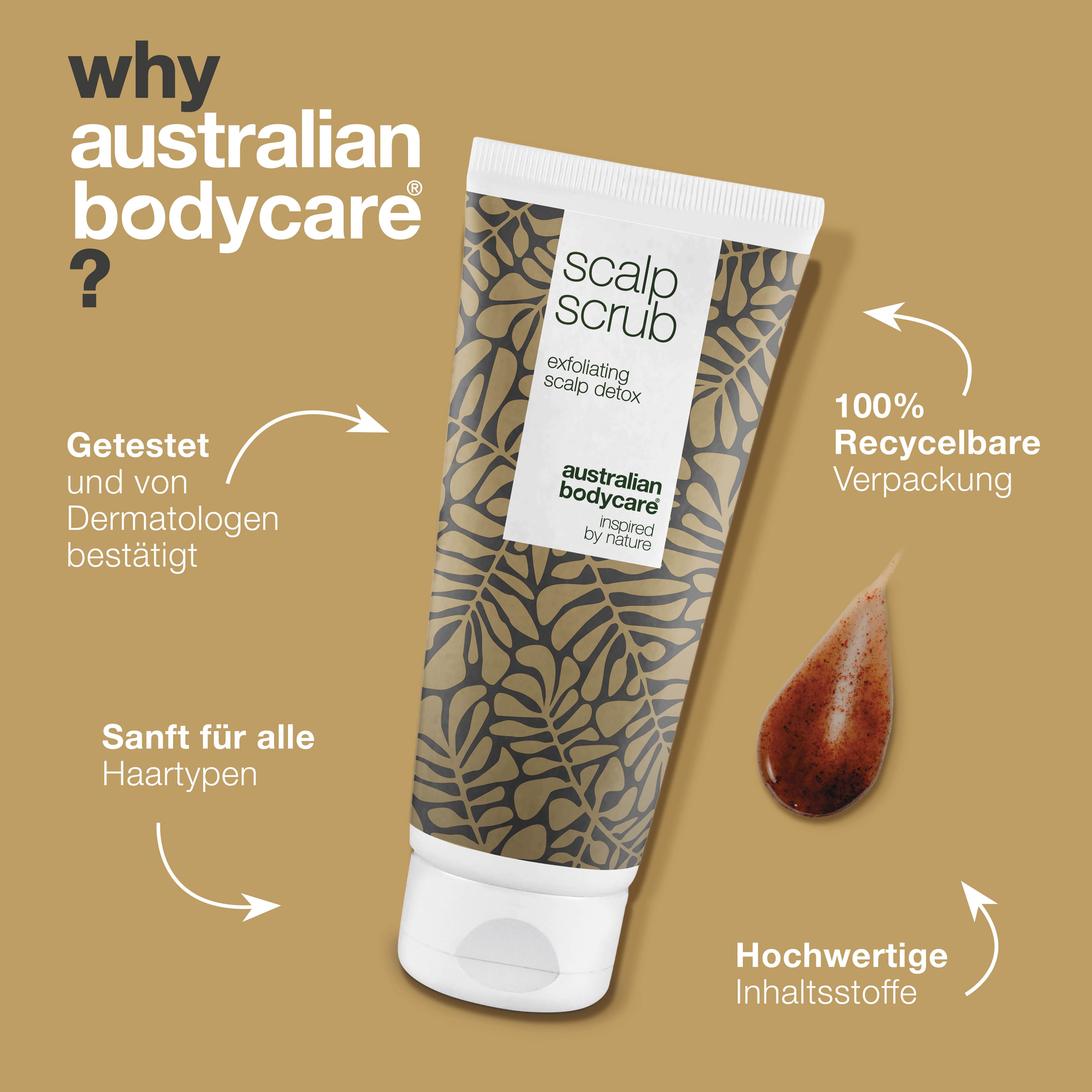 Produkt-Tube. Text: Why Australian Bodycare? Getestet und von Dermatologen bestätigt. 100% recycelbare Verpackung.