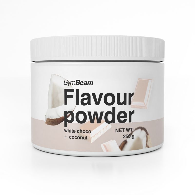 GymBeam Flavour Powder, weißer Schoko-Kokos-Geschmack, 250g Dose.