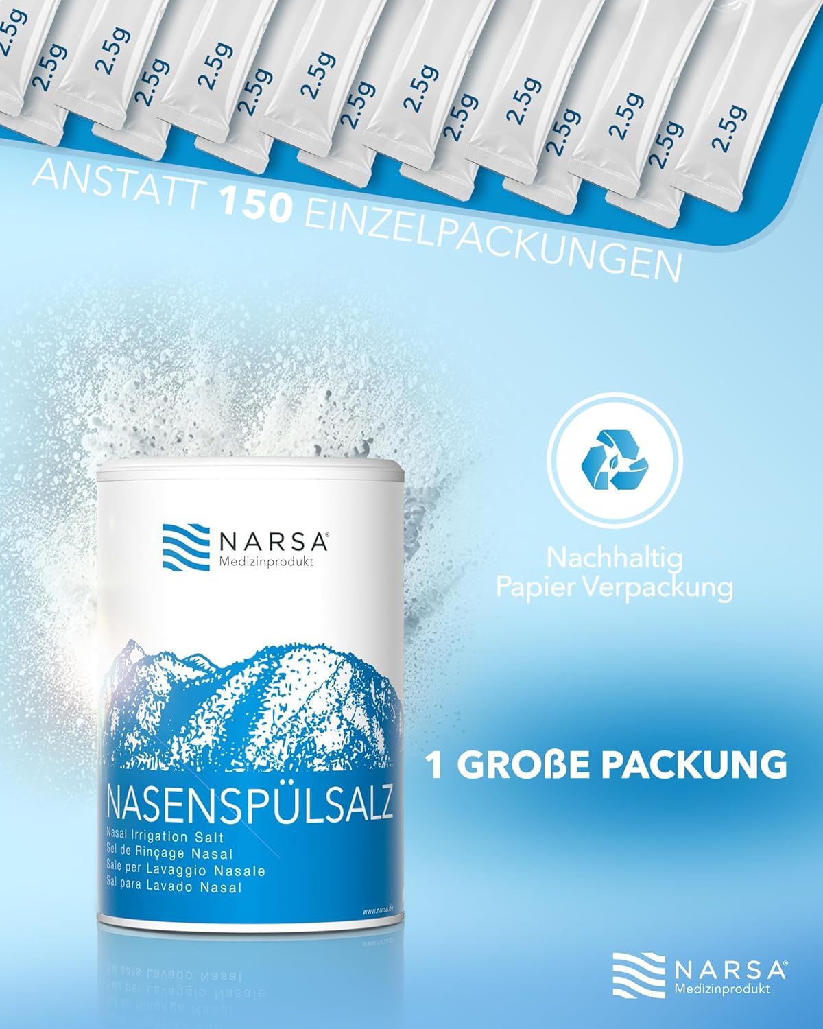 NARSA Nasenspülsalz Dose, 1 große Packung statt 150 Einzelpackungen. Papierverpackung.