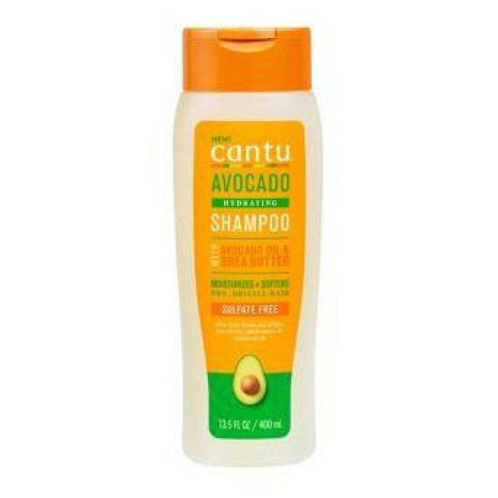 Cantu Avocado Hydrating Shampoo. Weiße Flasche mit orangefarbenem Deckel. Produktname und Avocado-Illustration auf dem Etikett.