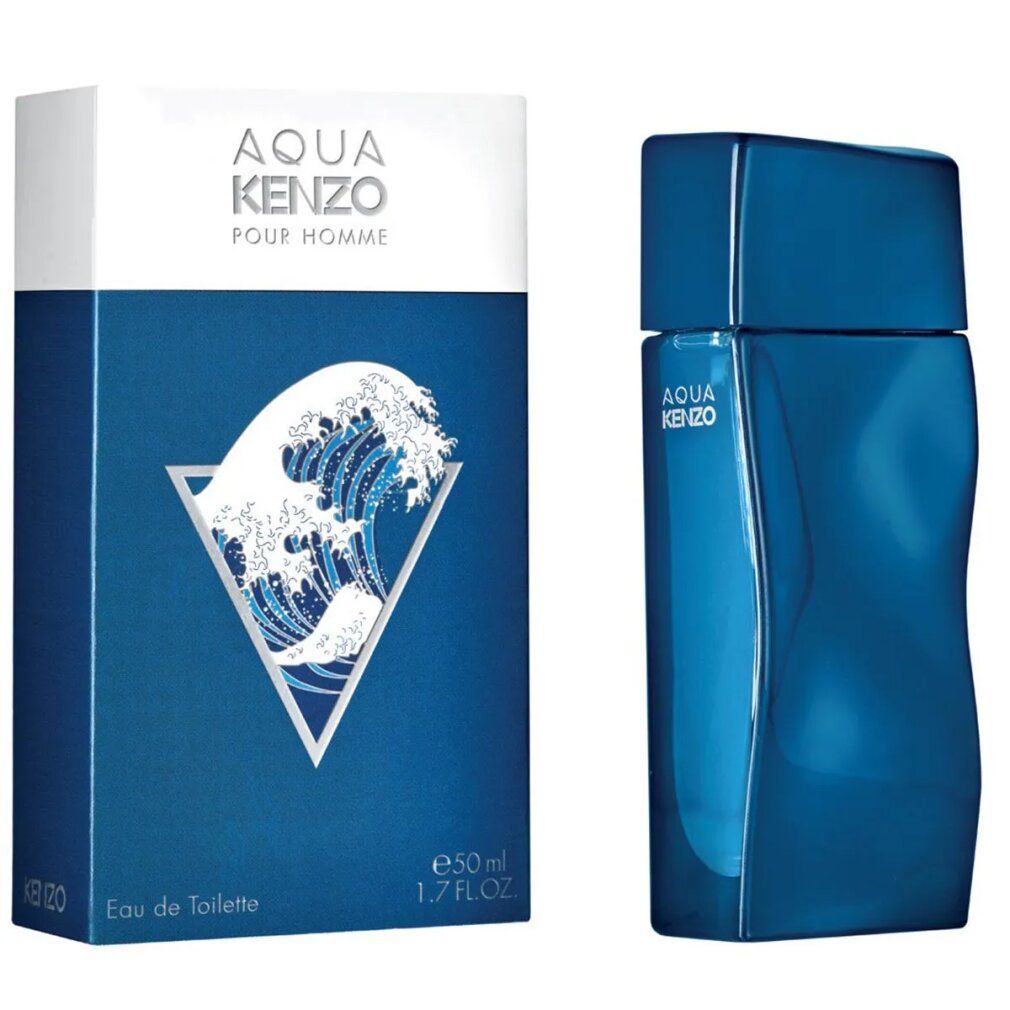 Kenzo Aqua Pour Homme Eau De Toilette Spray und Verpackung. Blaue Verpackung mit Wellenmotiv und Produktname.