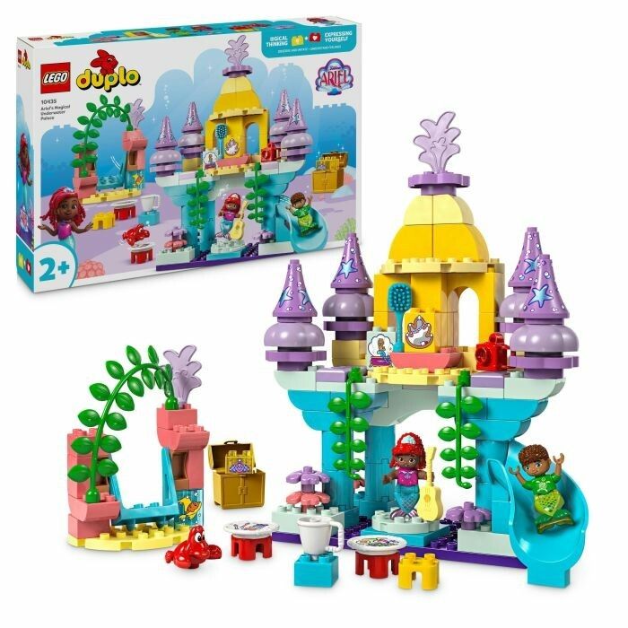 LEGO Duplo Set. Ariel's Magical Underwater Palace. Burg, Rutsche, Figuren und Zubehör. Verpackung im Hintergrund.