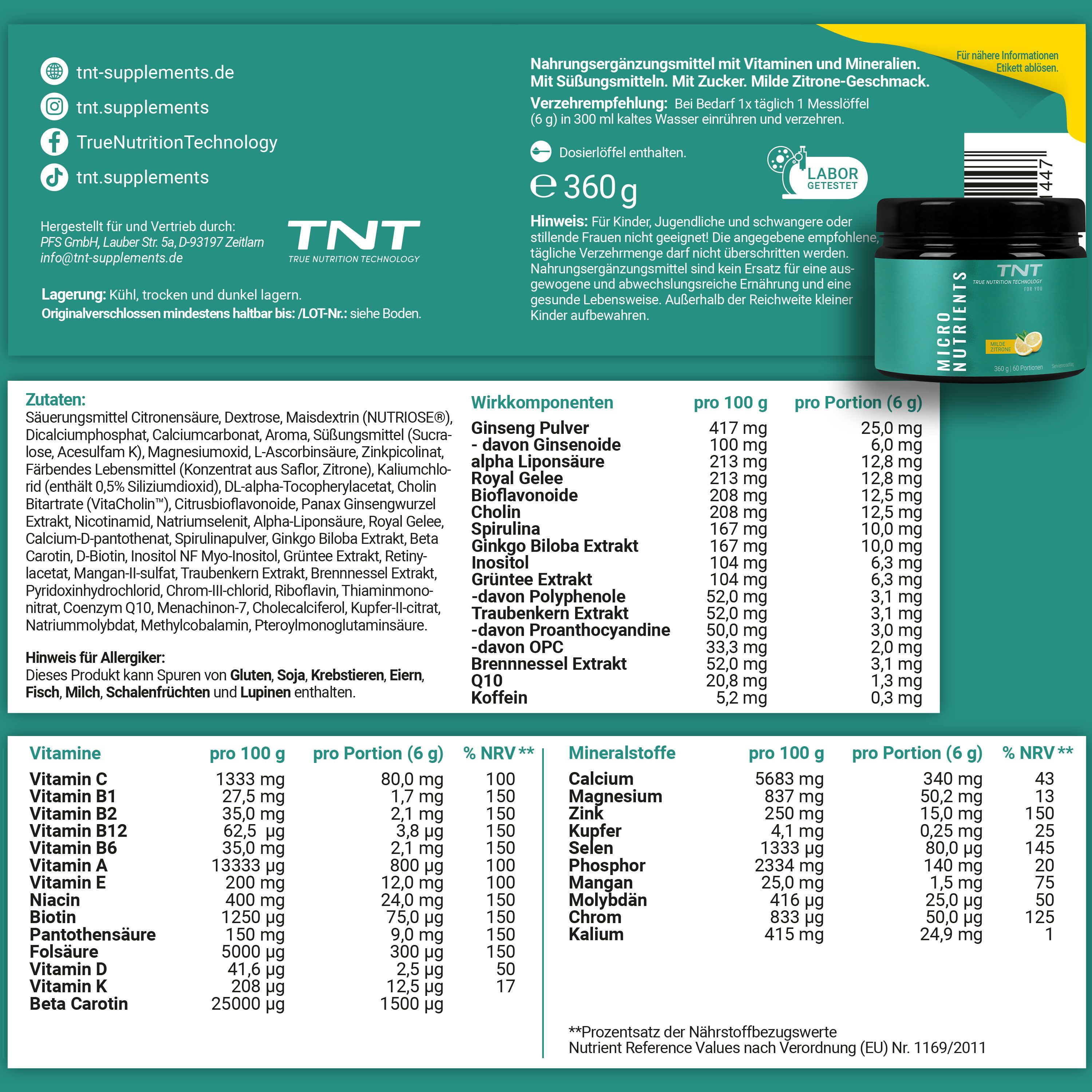 Nährwerttabelle mit Dose TNT Micro Nutrients. Aufschrift: Micro Nutrients, milde Zitrone, 360g, 60 Portionen.