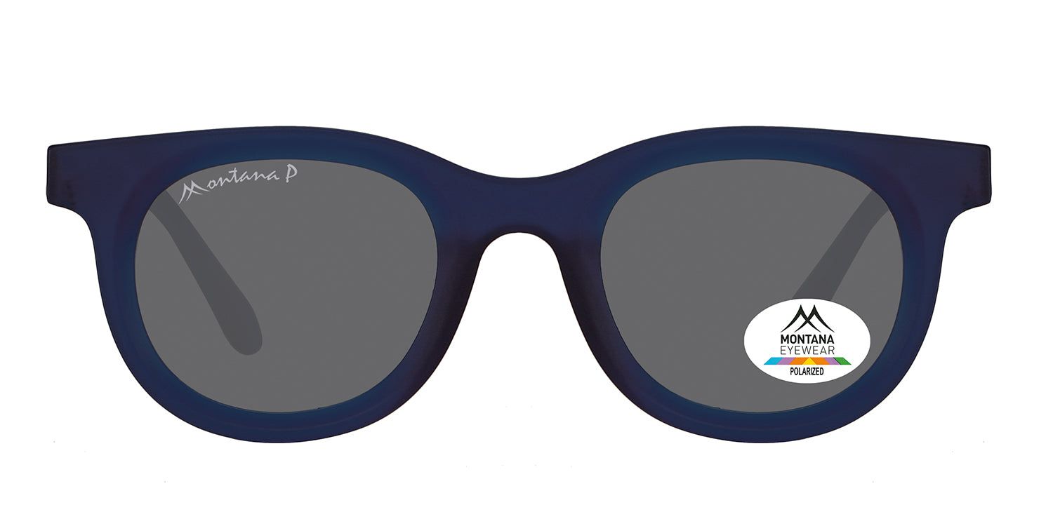 Blaue Sonnenbrille mit grauen Gläsern. Montana Eyewear Logo auf dem Rahmen und den Gläsern. Polarisiert.