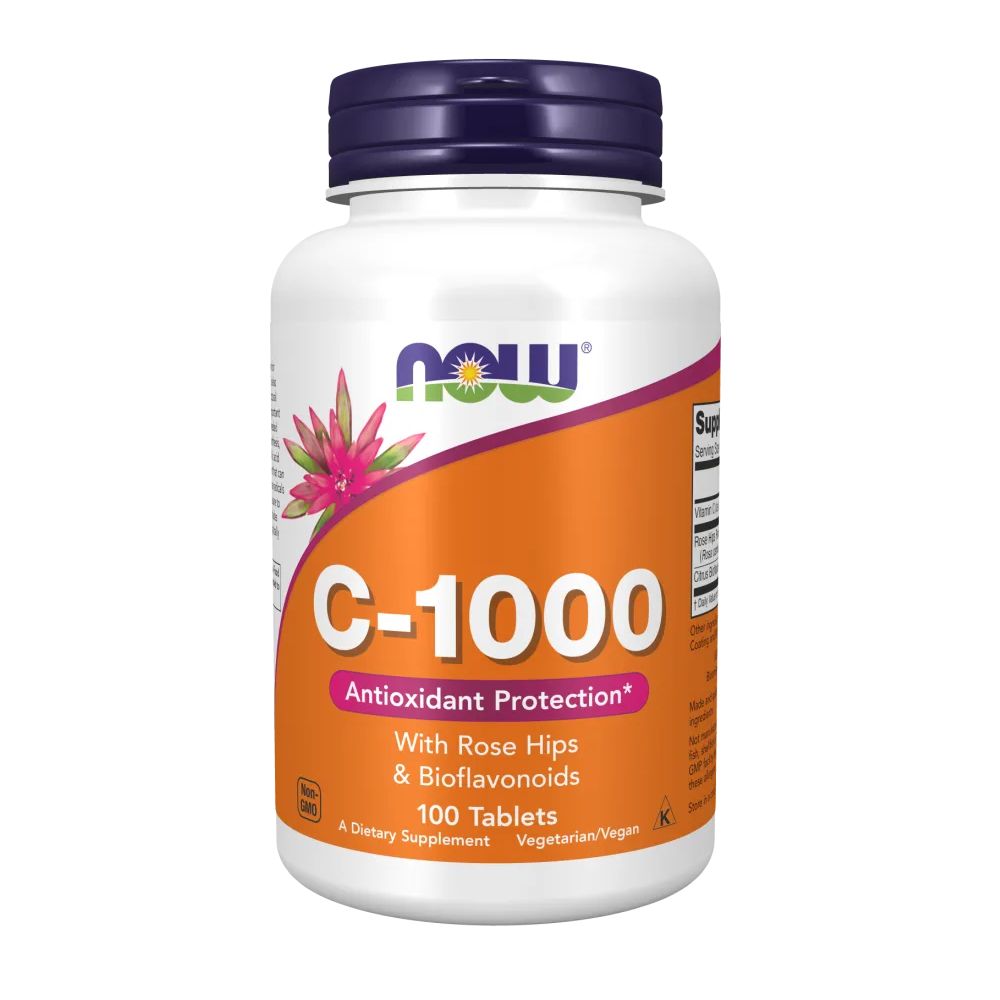 Weiße Flasche mit blauem Deckel. Aufschrift: NOW, C-1000, Antioxidant Protection, 100 Tabletten. Enthält Hagebutten & Bioflavonoide.