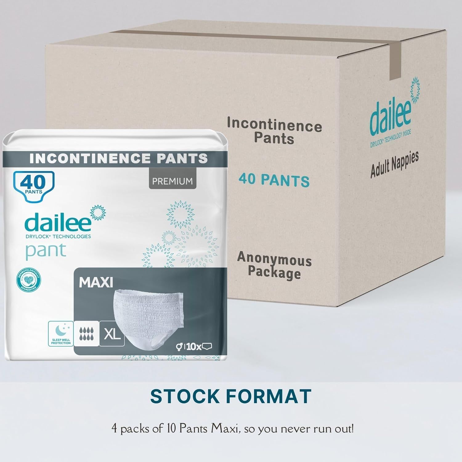Dailee Pants Maxi Packung und Karton. 40 Pants. Anonyme Verpackung.