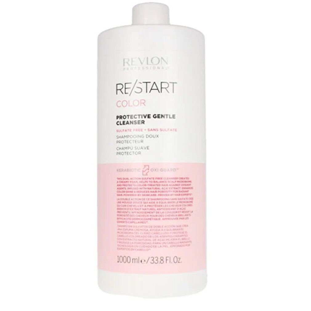 Große weiße Flasche mit rosa Etikett. Aufschrift: RE/START COLOR Protective Gentle Cleanser. Marke: Revlon.
