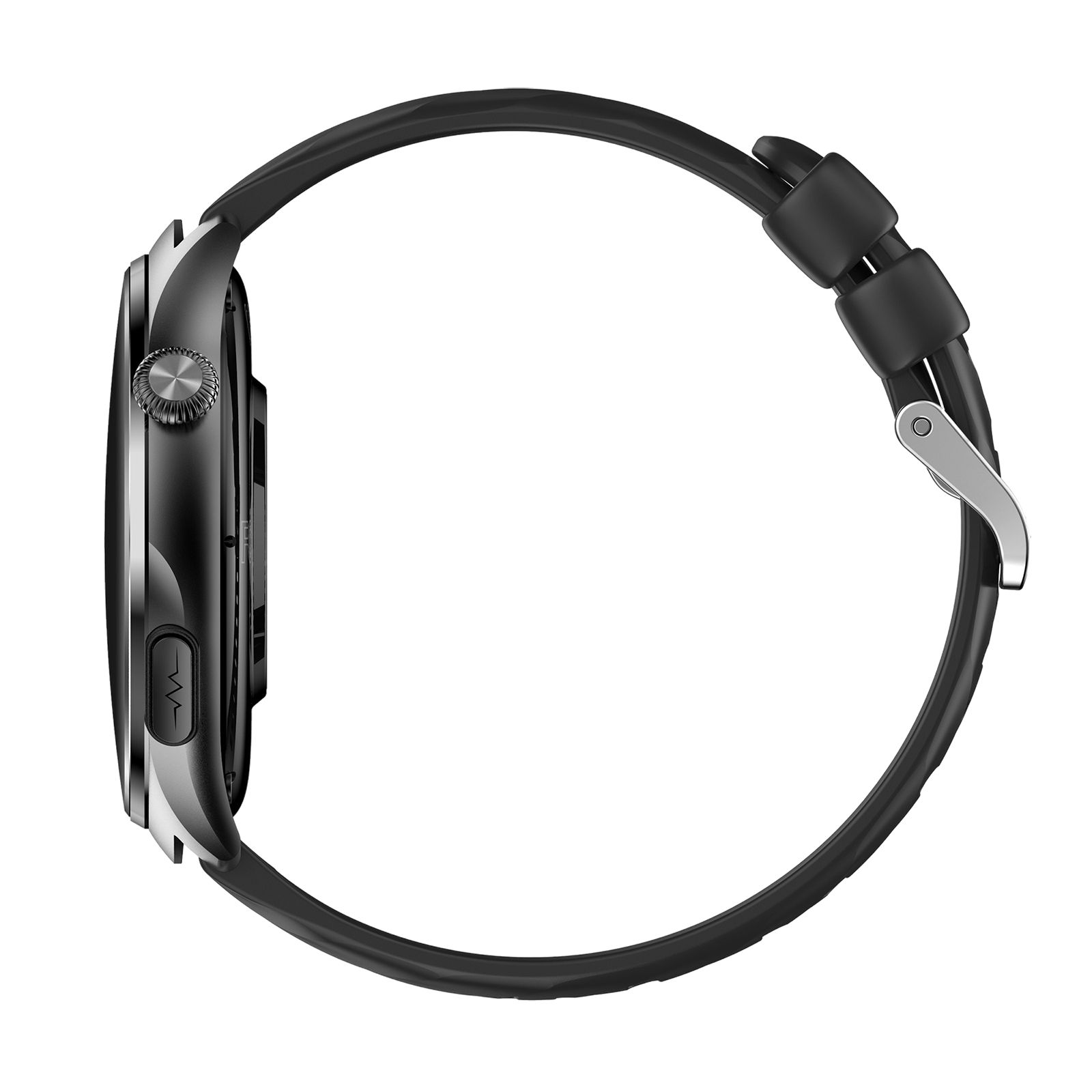 Schwarze Knauermann PRO 4 Smartwatch, Seitenansicht. Sichtbar: Gehäuse, Armband, Knopf.