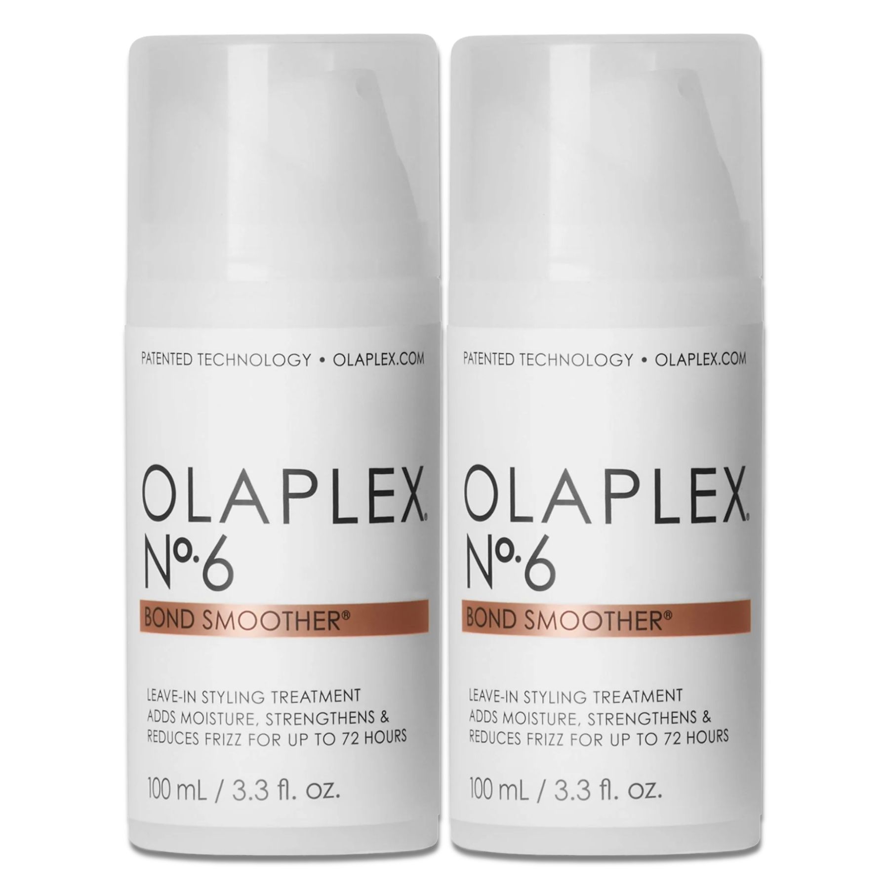 Zwei Olaplex No.6 Bond Smoother Flaschen. Weiße Flaschen mit braunen Etiketten. Text: Leave-in Styling Treatment.
